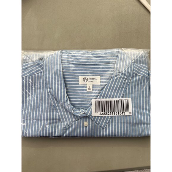 Candace Cameron Bure Regular Hi-Low Boyfriend Shirt Womens L Regatta Stripe NEW - Picture 4 of 8